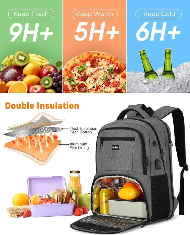 Alt view image 3 of 5 - kadilong 17.3 Inch Insulated Backpacks with Cooler&Laptop Compartment,Travel Backpack with Lunch Box Bookbag for Work,Sturdy College Computer Backpack for Men Women Mochilas Lonchera para Hombre