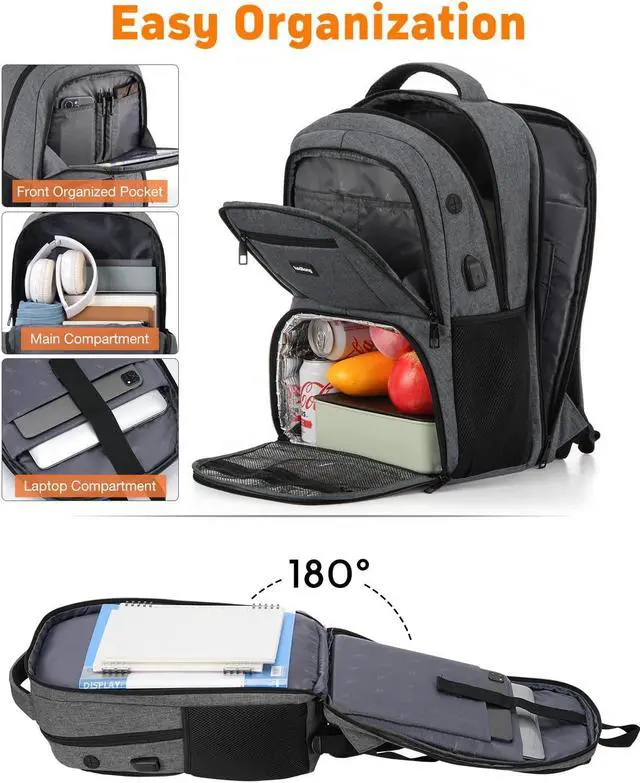 Alt view image 4 of 5 - kadilong 17.3 Inch Insulated Backpacks with Cooler&Laptop Compartment,Travel Backpack with Lunch Box Bookbag for Work,Sturdy College Computer Backpack for Men Women Mochilas Lonchera para Hombre