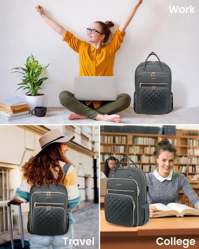 Alt view image 2 of 5 - LOVEVOOK Laptop Backpack for Women, 15.6 Inch Computer Backpack for Teacher Nurse with Water Resistant, Lightweight Travel Work Backpack with USB Charging Port, Quilted Commuter Backpack, Dark Gray