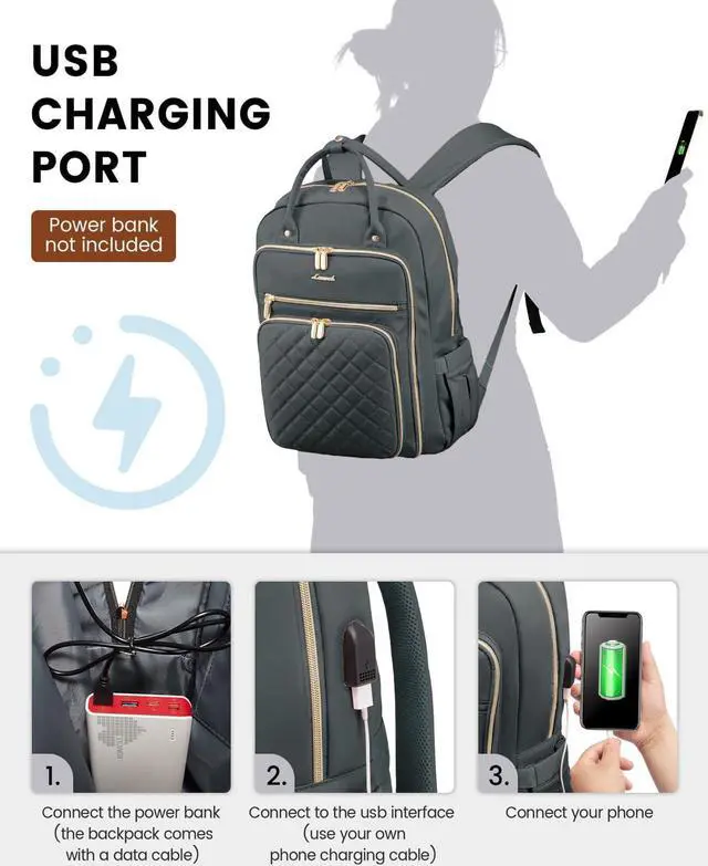 Alt view image 5 of 5 - LOVEVOOK Laptop Backpack for Women, 15.6 Inch Computer Backpack for Teacher Nurse with Water Resistant, Lightweight Travel Work Backpack with USB Charging Port, Quilted Commuter Backpack, Dark Gray