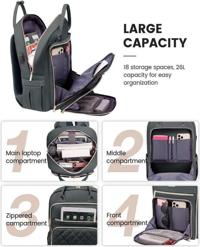 Alt view image 3 of 5 - LOVEVOOK Laptop Backpack for Women, 15.6 Inch Computer Backpack for Teacher Nurse with Water Resistant, Lightweight Travel Work Backpack with USB Charging Port, Quilted Commuter Backpack, Dark Gray