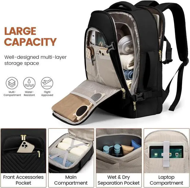 Alt view image 5 of 5 - LOVEVOOK Travel Backpack for Women, TSA Personal Item Travel Bag fits 18" Laptop, Carry On Backpack for Weekender Business Hiking, Black