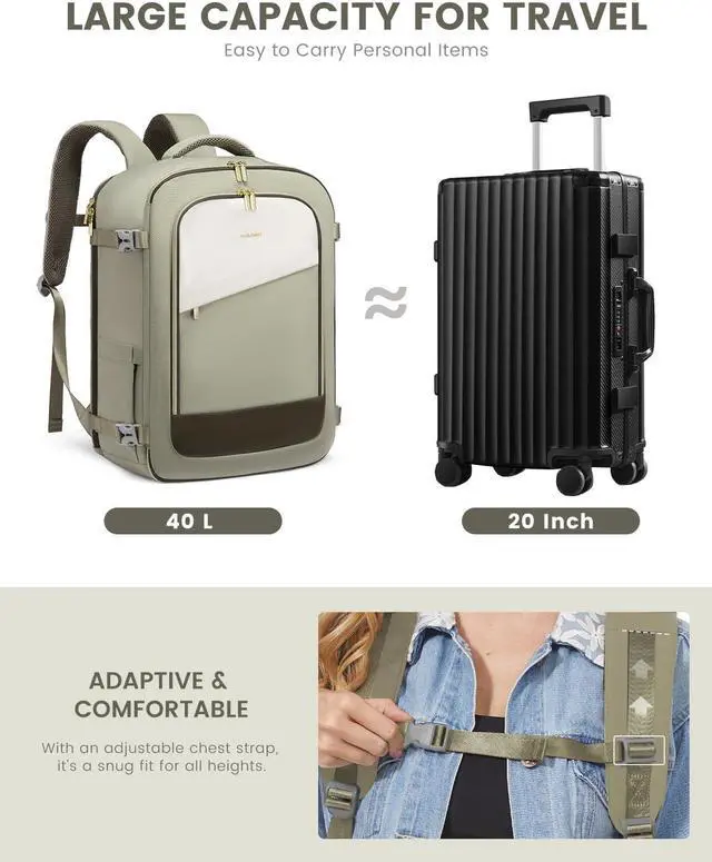 Alt view image 3 of 5 - LOVEVOOK Travel Backpack for Women, 40L Carry On Backpack Flight Approved, Large Personal Item Bag Fits 17 inch Laptop, TSA Approved Luggage with 3 Packing Cubes,Waterproof Weekender Gym Bag