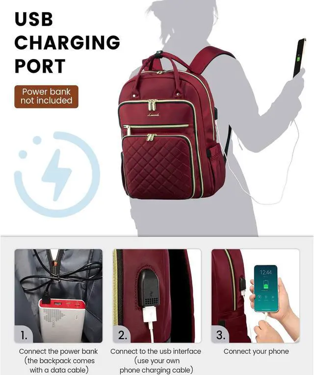 Alt view image 5 of 5 - LOVEVOOK Laptop Backpack for Women, Work Travel Backpack Purse for Women Water Resistant, Nurse Bag Teacher Computer Backpack with USB Charging Port, Fits 17.3'' Laptop Wine
