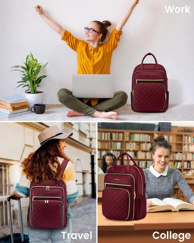 Alt view image 2 of 5 - LOVEVOOK Laptop Backpack for Women, Work Travel Backpack Purse for Women Water Resistant, Nurse Bag Teacher Computer Backpack with USB Charging Port, Fits 17.3'' Laptop Wine