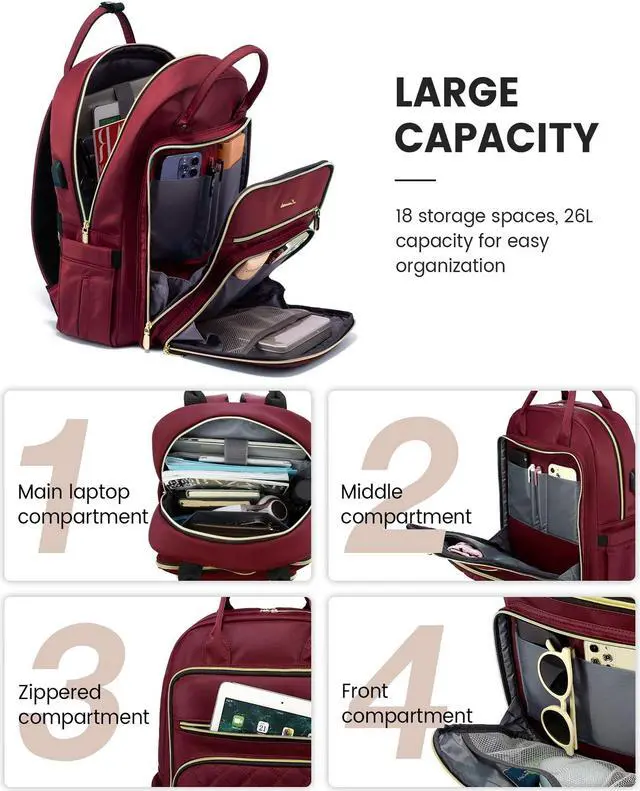 Alt view image 3 of 5 - LOVEVOOK Laptop Backpack for Women, Work Travel Backpack Purse for Women Water Resistant, Nurse Bag Teacher Computer Backpack with USB Charging Port, Fits 17.3'' Laptop Wine