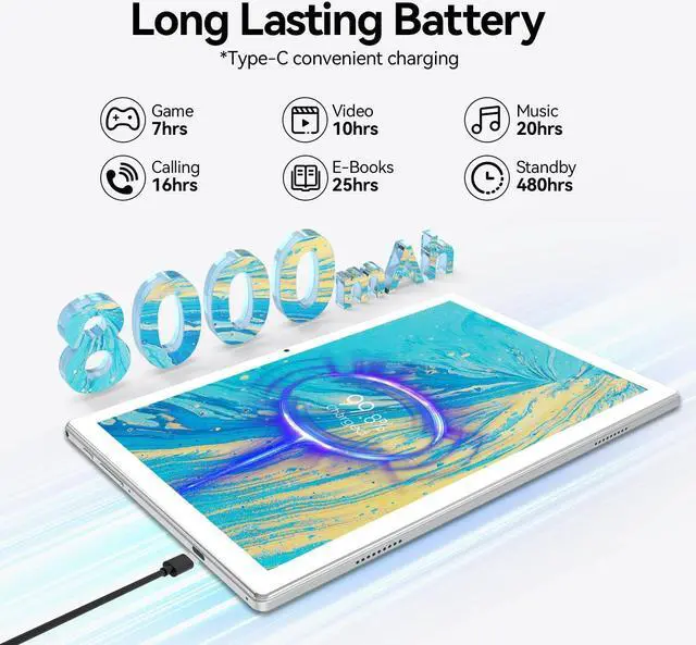 Alt view image 4 of 5 - Android 13 Tablet 2025 Latest 10 inch Octa-Core Tableta, 128GB ROM+16GB RAM (8+8 Virtual)+1TB Expand, 5G WiFi Tablets with 13MP+8MP Camera, 8000 mAh Battery, 2 in 1 Tablet with Keyboard, Mouse, Case