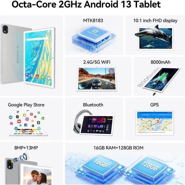 Alt view image 2 of 5 - Android 13 Tablet 2025 Latest 10 inch Octa-Core Tableta, 128GB ROM+16GB RAM (8+8 Virtual)+1TB Expand, 5G WiFi Tablets with 13MP+8MP Camera, 8000 mAh Battery, 2 in 1 Tablet with Keyboard, Mouse, Case