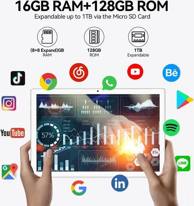 Alt view image 3 of 5 - Android 13 Tablet 2025 Latest 10 inch Octa-Core Tableta, 128GB ROM+16GB RAM (8+8 Virtual)+1TB Expand, 5G WiFi Tablets with 13MP+8MP Camera, 8000 mAh Battery, 2 in 1 Tablet with Keyboard, Mouse, Case