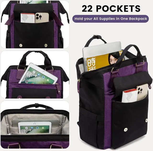 Alt view image 2 of 5 - LOVEVOOK Backpack for Women, Teacher Work Bag Laptop Backpack, Nurse Bags Business Laptop Bag, College Backpack Purse, Travel Back Pack, 15.6 Inch, Black-Purple