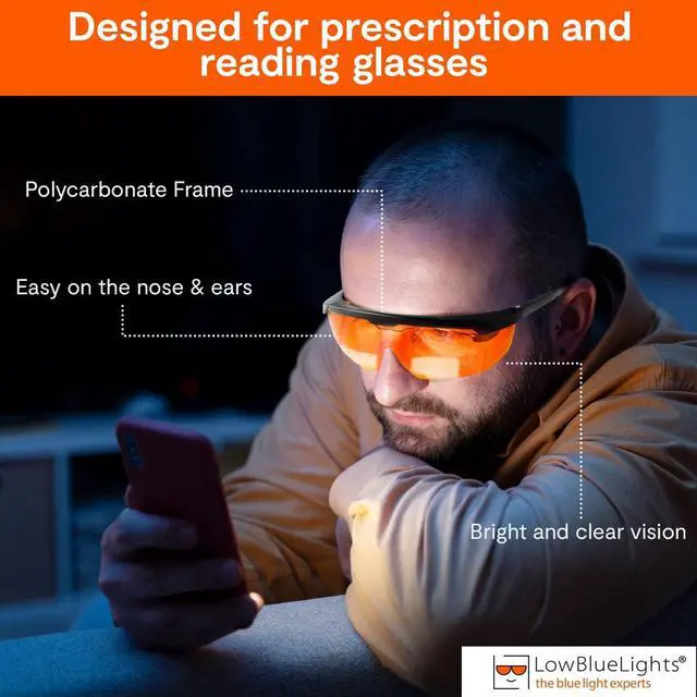 Alt view image 5 of 5 - LowBlueLights 100% Blue Light Blocking Glasses, Amber Wraparound Dual Lenses for Enhanced Sleep, TV, Gaming, Computer Quality for Men & Women (Winners)