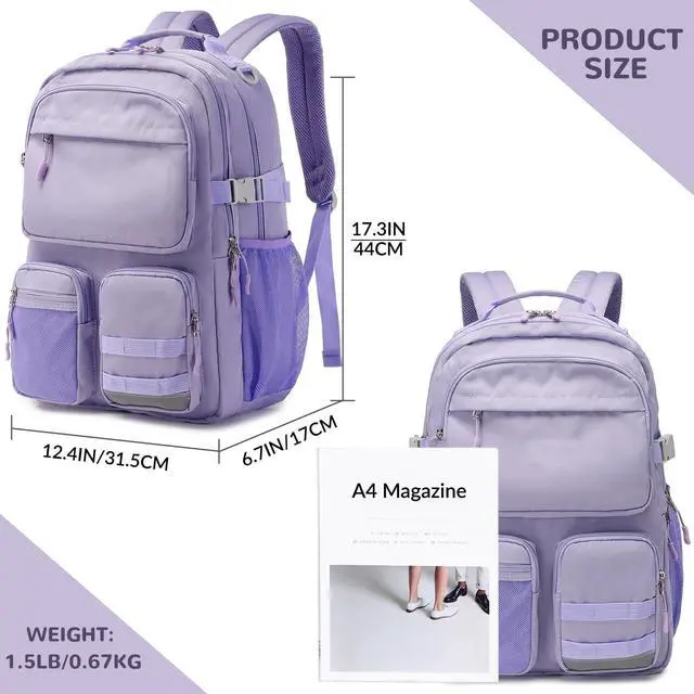 Alt view image 3 of 5 - El-fmly Big Student Backpack for Teen Girls, Water Resistant Multi Pockets Daypack with 15.6 Inch Laptop pocket for Travel School College (Purple)