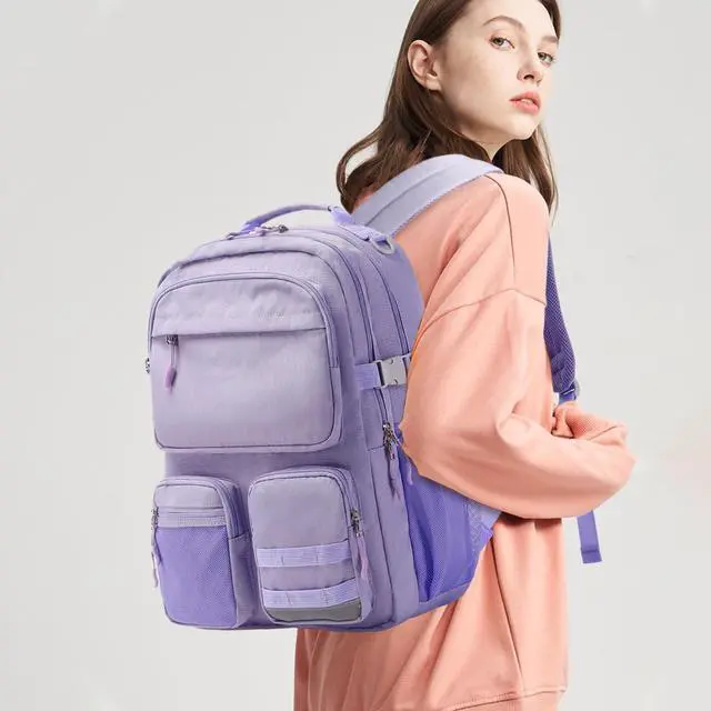 Alt view image 2 of 5 - El-fmly Big Student Backpack for Teen Girls, Water Resistant Multi Pockets Daypack with 15.6 Inch Laptop pocket for Travel School College (Purple)