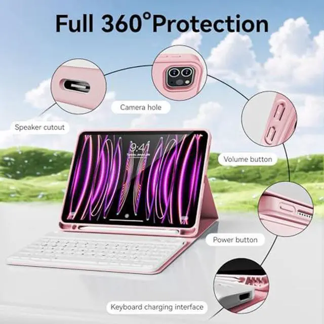 Alt view image 3 of 5 - KVTVOU Keyboard Case for iPad Pro 11 Inch 4th Generation/Pro 3rd Gen/Pro 2nd Gen with Pencil Holder, Folio Detachable Wireless Bluetooth Keyboard & Flip Stand Case for iPad Pro 11 Inch, Pink