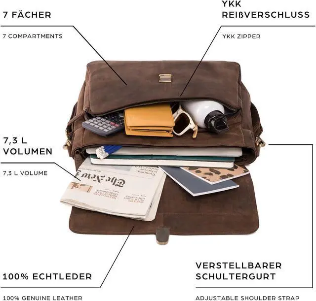 Alt view image 3 of 5 - LEABAGS Texas shoulder bag made of genuine buffalo leather in vintage look I laptop bag up to 15 inch I business bag I leather bag I shoulder bag I 15x13x4 inch