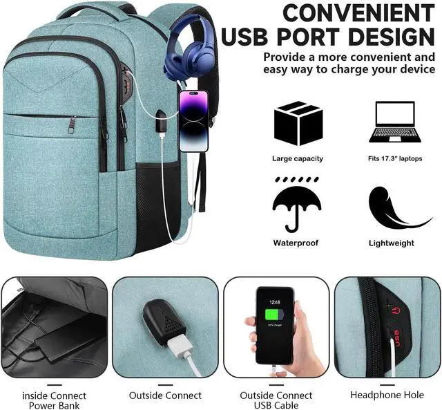 Alt view image 2 of 5 - Lapsouno Extra Large Backpack, Travel Laptop Backpack, Carry on Backpack, Sturdy 17 Inch TSA Friendly with USB Port, Water Resistant College School Computer Bag Gifts for Men Women, Lake Green