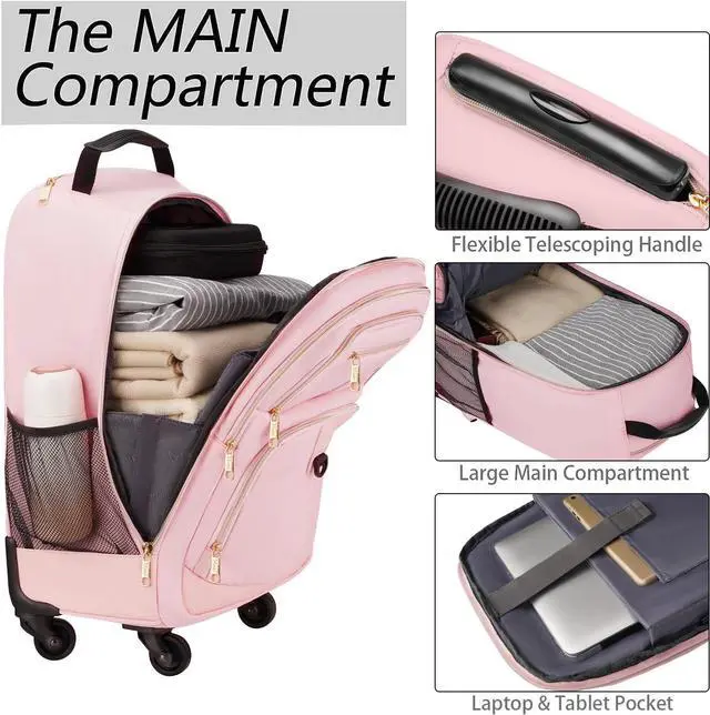 Alt view image 3 of 5 - MATEIN Rolling Backpack for Women, 18 inch Roller Laptop Bag with 4 Wheels for Adult, Sturdy Wheeled Backpack Carry on Luggage, Extra Large Travel Bag Suitcase Back Pack for Work College Trips, Pink