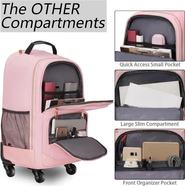 Alt view image 4 of 5 - MATEIN Rolling Backpack for Women, 18 inch Roller Laptop Bag with 4 Wheels for Adult, Sturdy Wheeled Backpack Carry on Luggage, Extra Large Travel Bag Suitcase Back Pack for Work College Trips, Pink