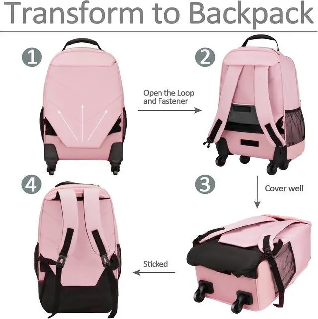 Alt view image 5 of 5 - MATEIN Rolling Backpack for Women, 18 inch Roller Laptop Bag with 4 Wheels for Adult, Sturdy Wheeled Backpack Carry on Luggage, Extra Large Travel Bag Suitcase Back Pack for Work College Trips, Pink