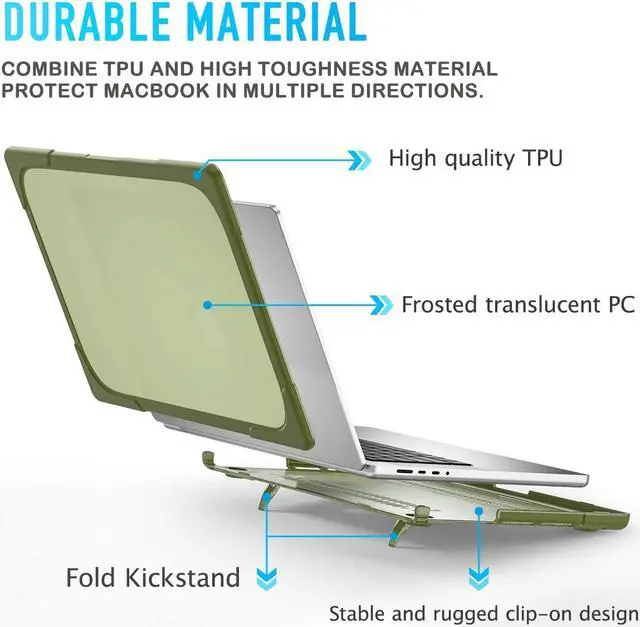 Alt view image 3 of 5 - Mektron Heavy Duty Case for MacBook Pro 14 INCH M1 A2442/ M2 A2779/ M3 A2918/A2992 /M4 A3112 A3401 A3185 Pro/Max (2021/2023/2024), Shockproof Hard Shell with Fold Kickstand, Avocado Green
