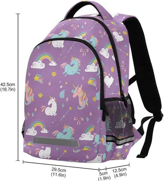 Alt view image 3 of 5 - MNSRUU School Backpack with Chest Strap, Cute Unicorn Rainbow And Diamond Purple Laptop Backpack, Travel Hiking Backpack for Boys Girls, Rucksack, Knapsack One Size