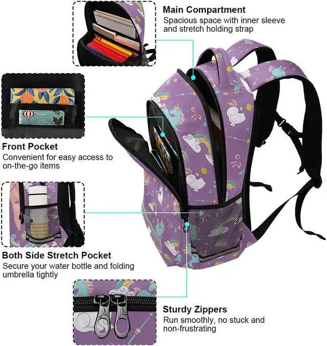 Alt view image 5 of 5 - MNSRUU School Backpack with Chest Strap, Cute Unicorn Rainbow And Diamond Purple Laptop Backpack, Travel Hiking Backpack for Boys Girls, Rucksack, Knapsack One Size