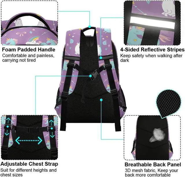 Alt view image 4 of 5 - MNSRUU School Backpack with Chest Strap, Cute Unicorn Rainbow And Diamond Purple Laptop Backpack, Travel Hiking Backpack for Boys Girls, Rucksack, Knapsack One Size