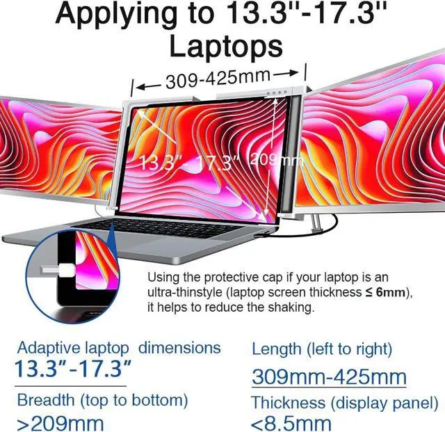 Alt view image 3 of 5 - MNN 14" Triple Portable Monitor, FHD 1080P IPS Laptop Monitor Extender Full Function Type-C/HDMI Ports, Foldable Dual Screen Extender for 13.3''-17.3" Compatible with Windows, Mac