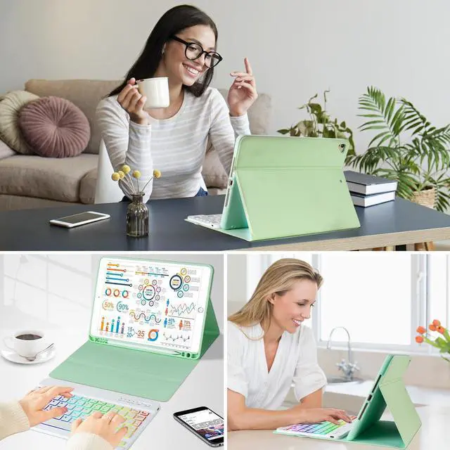 Alt view image 5 of 5 - MORECOO for iPad 9th Generation Case with Keyboard, 7 Color Backlit Wireless Keyboard with Pencil Holder for 10.2 inch iPad 8th / 7th, for iPad Pro 10.5 inch 2017, for iPad Air 3rd Gen (Mint Green)