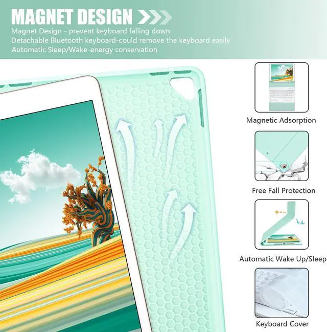 Alt view image 4 of 5 - MORECOO for iPad 9th Generation Case with Keyboard, 7 Color Backlit Wireless Keyboard with Pencil Holder for 10.2 inch iPad 8th / 7th, for iPad Pro 10.5 inch 2017, for iPad Air 3rd Gen (Mint Green)