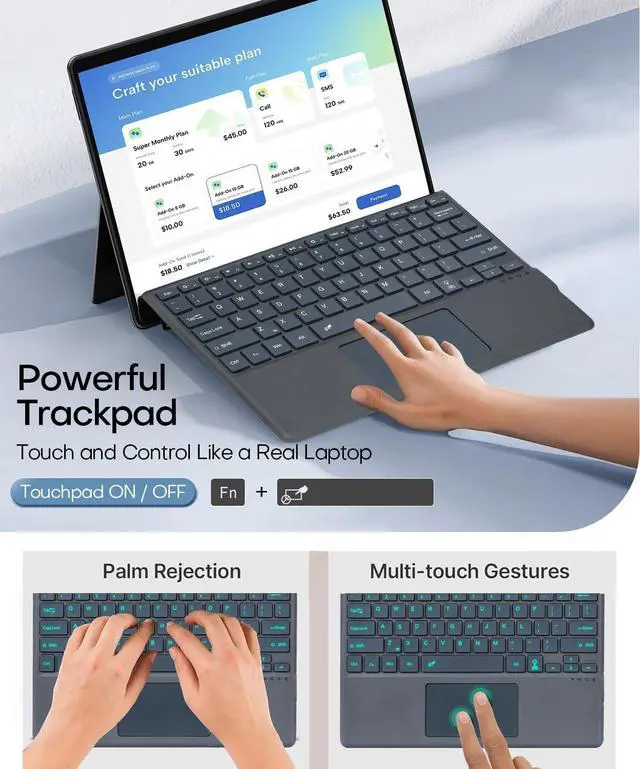 Alt view image 4 of 5 - Nanhent Type Cover for Microsoft Surface Pro 9/Pro 8/Pro X/Pro 10/Pro 11 13 Inch Keyboard with Precision Touchpad, Bluetooth 5.3, 7-Color Keys Font Backlight (Gray)