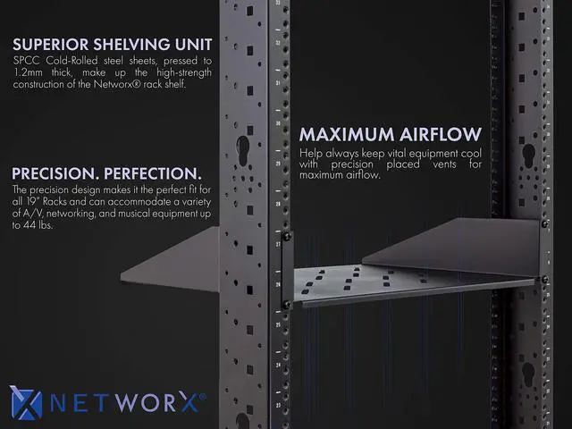 Alt view image 2 of 2 - Networx Vented 2U Universal Rack Shelf for 19" Equipment Rack - 14 Inches Deep, Single Sided, High-Strength 1.2mm SPCC Cold-Rolled Steel, 44 Pound Capacity