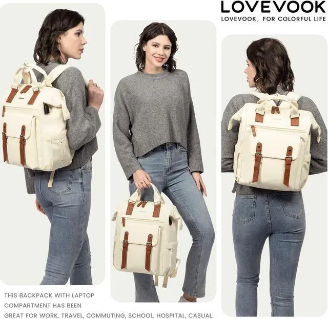 Alt view image 2 of 5 - LOVEVOOK Laptop Backpack for Women Work Travel, Large Capacity Computer Backpack Purse, Nurse Bags Doctor Teacher Business Laptop Bag, Fashion College Backpack Casual Daypack, 17 Inch, Beige-brown