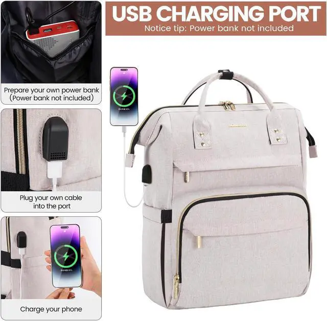 Alt view image 3 of 5 - LOVEVOOK Laptop Backpack for Women,17 Inch Professional Womens Travel Backpack Purse Computer Laptop Bag Nurse Teacher Backpack,Waterproof College Work Bags Carry on Back Pack with USB Port,Off-white
