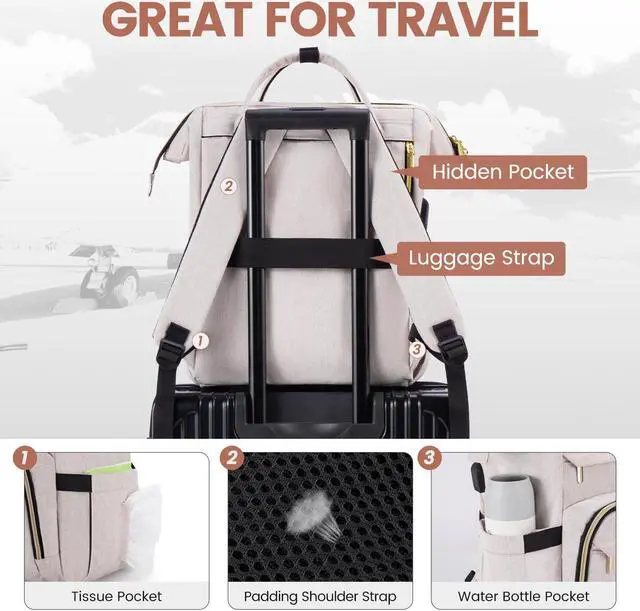 Alt view image 4 of 5 - LOVEVOOK Laptop Backpack for Women,17 Inch Professional Womens Travel Backpack Purse Computer Laptop Bag Nurse Teacher Backpack,Waterproof College Work Bags Carry on Back Pack with USB Port,Off-white