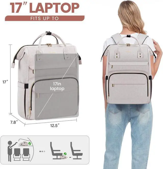 Alt view image 5 of 5 - LOVEVOOK Laptop Backpack for Women,17 Inch Professional Womens Travel Backpack Purse Computer Laptop Bag Nurse Teacher Backpack,Waterproof College Work Bags Carry on Back Pack with USB Port,Off-white