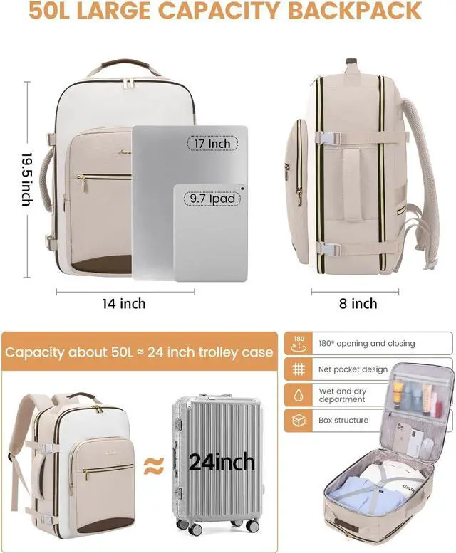 Alt view image 3 of 5 - LOVEVOOK 50L Carry on Backpack for Women & Men with 3 Packing Cubes, Large Travel Backpack for Airplanes, TSA Personal Item Travel Bag with Laptop Pocket, Travel Essentials Airline Approved