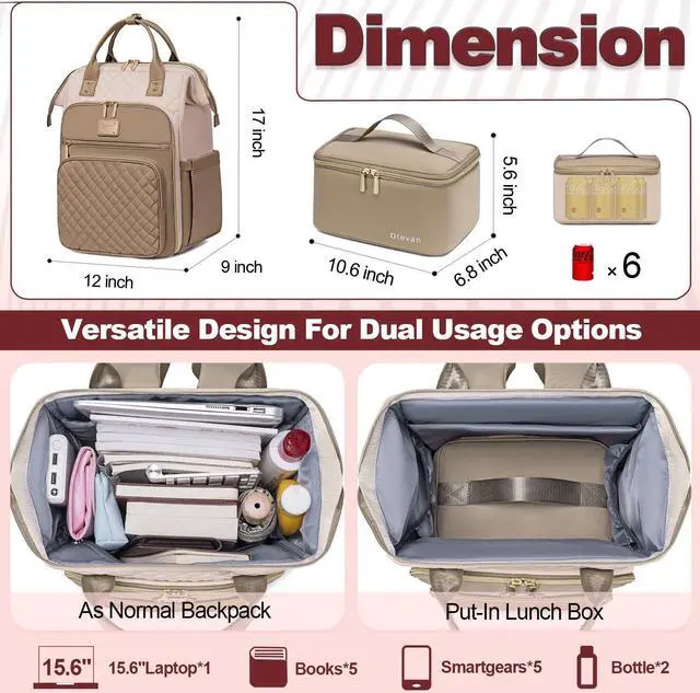 Alt view image 5 of 5 - Otevan Lunch Backpack for Women, 15.6 inch Laptop Backpacks for Womens, Work Backpacks with Lunchbox,Insulated Back pack Cooler,Teacher Nurse Travel Backpack for Women