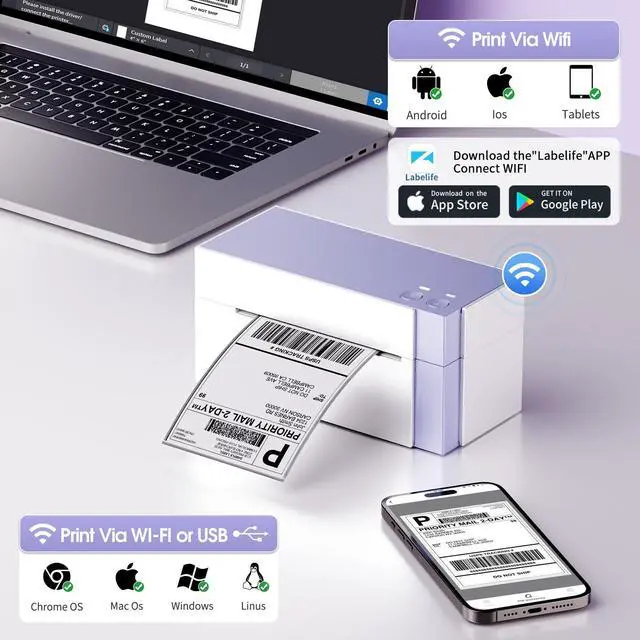 Alt view image 2 of 5 - Phomemo 344WF Shipping Label Printer, [Upgraded] WiFi 300DPI Thermal Labels Printer for Shipping Packages, 4x6 Label Printers Compatible with iOS, Android and PC Etsy Ebay USPS, IF Design Award 2024