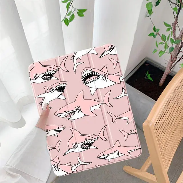 Alt view image 2 of 5 - Cute Cool Shark for iPad 10th Generation Case 10.9 Inch 2022 with Pencil Holder, Foldable Pink Leather Cover Case, Support Auto Sleep Wake