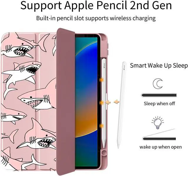 Alt view image 3 of 5 - Cute Cool Shark for iPad 10th Generation Case 10.9 Inch 2022 with Pencil Holder, Foldable Pink Leather Cover Case, Support Auto Sleep Wake