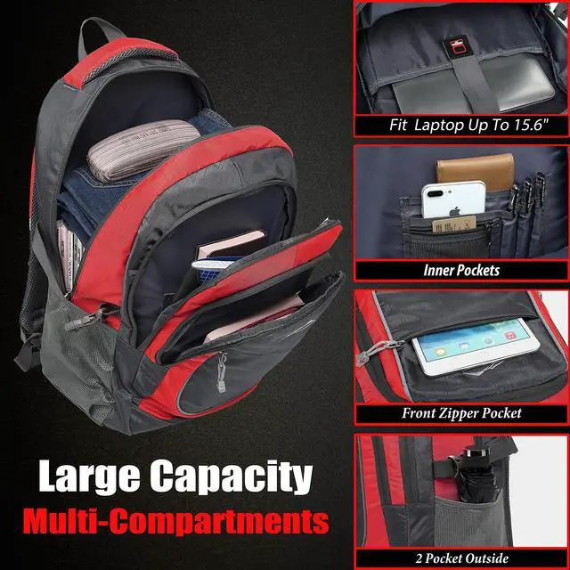Alt view image 2 of 5 - ProEtrade Backpack Bookbag for College Sturdy Travel Business Hiking Fit Laptop Up to 15.6 Inch Multi Compartment Gifts for Men Women Night Light Reflective (red)
