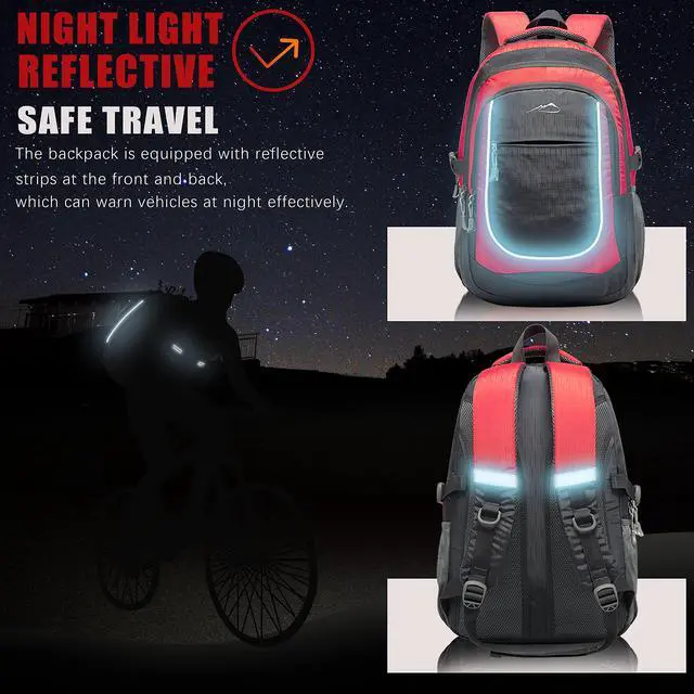 Alt view image 4 of 5 - ProEtrade Backpack Bookbag for College Sturdy Travel Business Hiking Fit Laptop Up to 15.6 Inch Multi Compartment Gifts for Men Women Night Light Reflective (red)