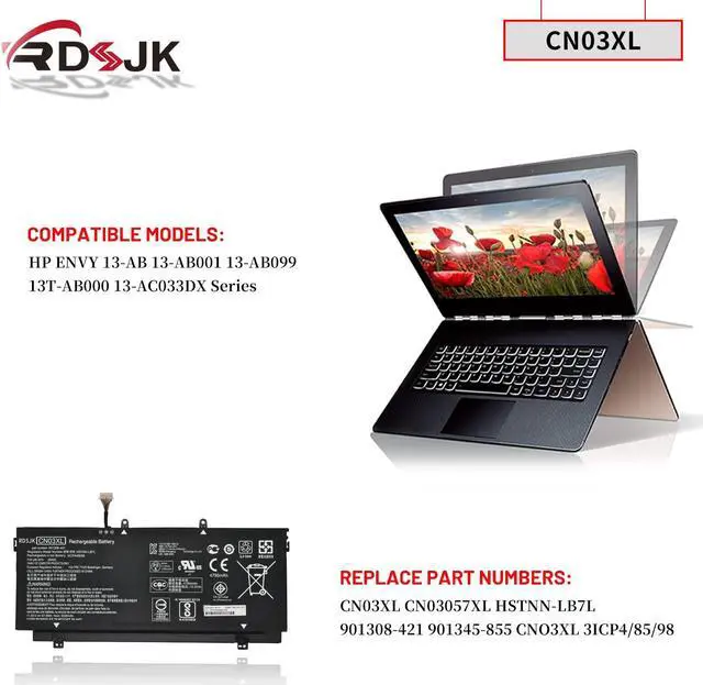 Alt view image 3 of 5 - RDSJ CN03XL CNO3XL Laptop Battery for HP Envy 13-AB 13T-AB 13-AB001 13-AB099 13T-AB000 13-AC033DX CN03057XL HSTNN-LB7L 901308-421 901345-855 11.55V 57.9Wh