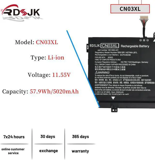 Alt view image 2 of 5 - RDSJ CN03XL CNO3XL Laptop Battery for HP Envy 13-AB 13T-AB 13-AB001 13-AB099 13T-AB000 13-AC033DX CN03057XL HSTNN-LB7L 901308-421 901345-855 11.55V 57.9Wh