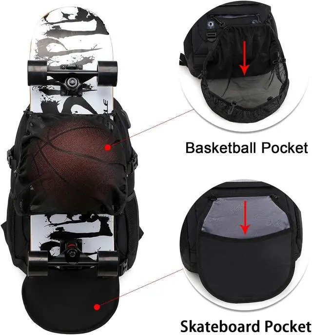Alt view image 2 of 5 - RUCYEN Skateboard Backpack, Laptop Backpack with USB Charging Port, RFID Anti-Theft Lock, Waterproof Fabric, Fits up to 15.6 Inch Laptop, for Business Travel Men (Black)