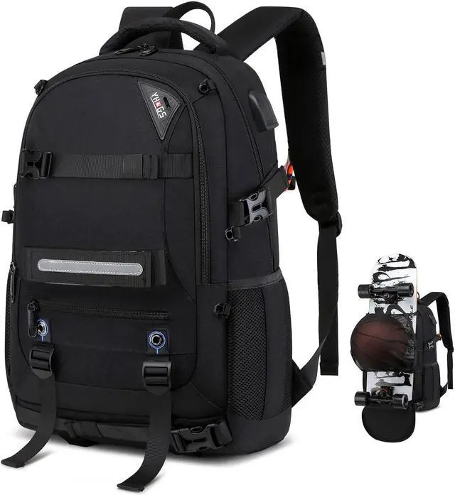 Main image of RUCYEN Skateboard Backpack, Laptop Backpack with USB Charging Port, RFID Anti-Theft Lock, Waterproof Fabric, Fits up to 15.6 Inch Laptop, for Business Travel Men (Black)
