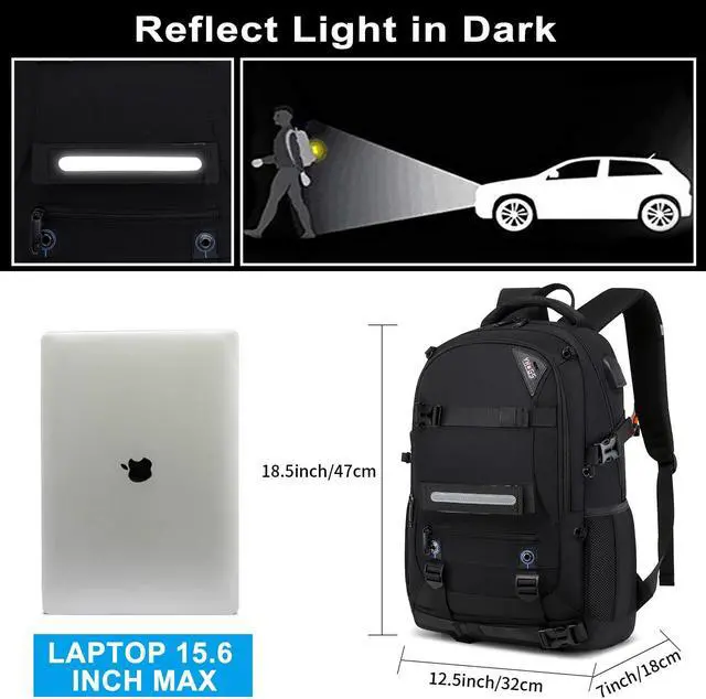 Alt view image 5 of 5 - RUCYEN Skateboard Backpack, Laptop Backpack with USB Charging Port, RFID Anti-Theft Lock, Waterproof Fabric, Fits up to 15.6 Inch Laptop, for Business Travel Men (Black)