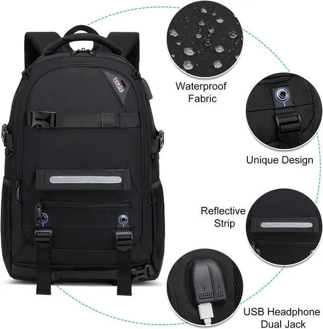 Alt view image 4 of 5 - RUCYEN Skateboard Backpack, Laptop Backpack with USB Charging Port, RFID Anti-Theft Lock, Waterproof Fabric, Fits up to 15.6 Inch Laptop, for Business Travel Men (Black)