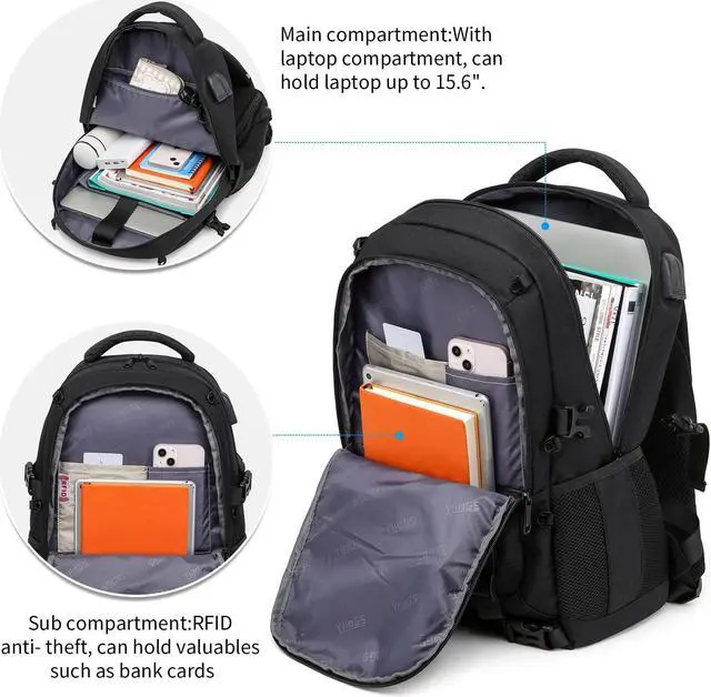 Alt view image 3 of 5 - RUCYEN Skateboard Backpack, Laptop Backpack with USB Charging Port, RFID Anti-Theft Lock, Waterproof Fabric, Fits up to 15.6 Inch Laptop, for Business Travel Men (Black)
